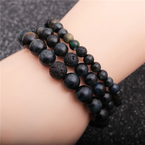 Natural Tiger Eye And Black Lava Stone Beaded Bracelet Elastic String Unisex Energy Healing Jewelry
