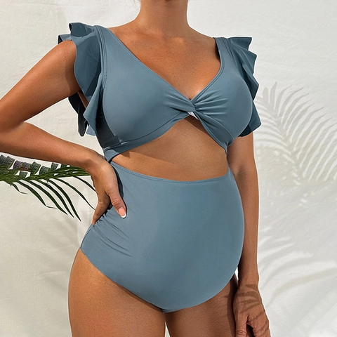 Positiebadpak Uit Eén Stuk Nylon Polyester Mouwen Met Ruches Uitsparing Voorzijde Geplooide Zijkant Voor Zwangere Vrouwen