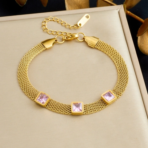 Gold Plated Edelstahl Mesh Kette Armband Mit Quadratischen Geometrischen Edelsteinen Eleganter Vintage Schmuck Damen Verstellbar
