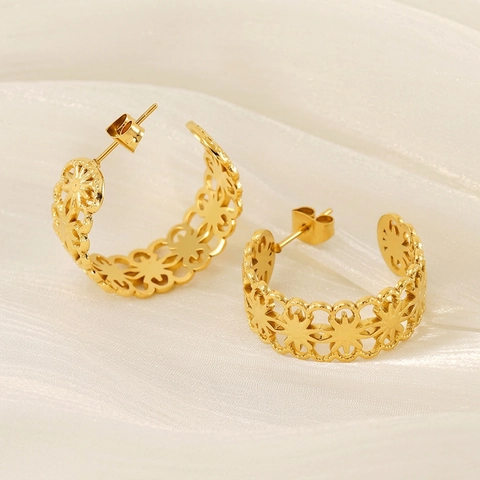 Holle Bloem Hoop Oorbellen 18K Verguld Roestvrij Staal Geometrische C-Vormige Retro Elegante Sieraden Voor Vrouwen