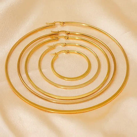 Stainless Steel Hoop Earrings For Women 18K Gold Plated Minimalist Round Flat Surface High Polish Jewelry