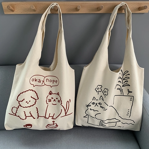 Cute Cartoon Cat Dog Print Canvas Tote Bag Large Capacity Minimalist Eco Friendly Shoulder Bag For Women Daily Shopping