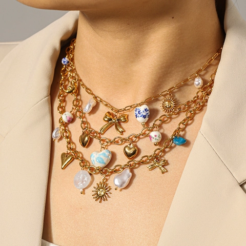 Collier Pendentif Cœur en Céramique en Acier Inoxydable Superposable Vintage Éléments Océaniques Bijoux Pour Femmes Perle Artificielle