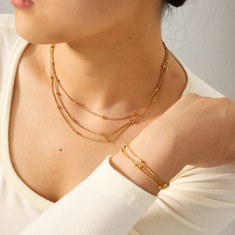 Multilayer Necklace And Bracelet Set Stainless Steel Gold Plated Bead Chain Stackable Minimalist Fashion Jewelry For Women