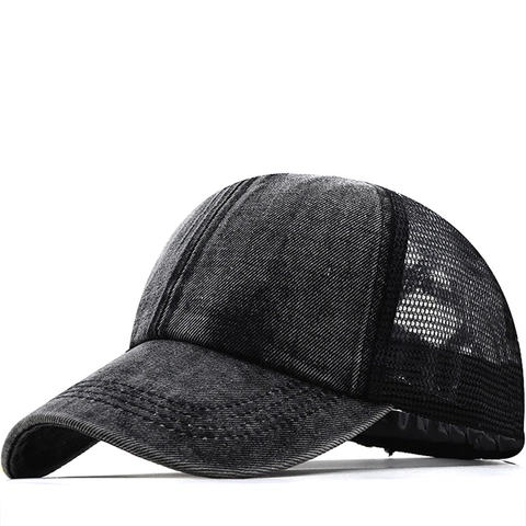 Gewassen Denim Trucker Pet Met Gat Voor Hoge Paardenstaart Ademende Mesh Achterkant Verstelbare Baseballpet Voor Dames