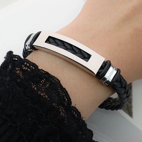 Geflochtenes Lederarmband Edelstahl Hohl Rechteckige Platte Punk Retro Schmuck Für Herren Unisex Schwarz Silber