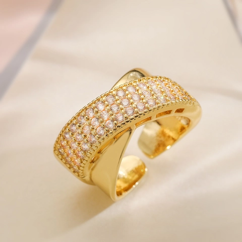 Trendy Double-Tone Plated Copper Geometric Open Ring For Women Adjustable Personalized Zirconia Inlaid Jewelry Ring
