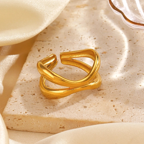 Stainless Steel Ring Double Layer Cross Wave Line Adjustable Open Geometric Irregular Minimalist Jewelry For Women