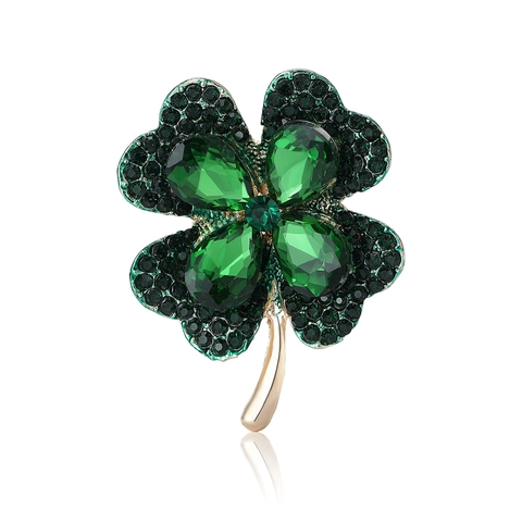 Elegant Four Leaf Clover Brooch Pin Alloy Rhinestone Encrusted Crystal Breastpin For Women Suit Coat Accessories