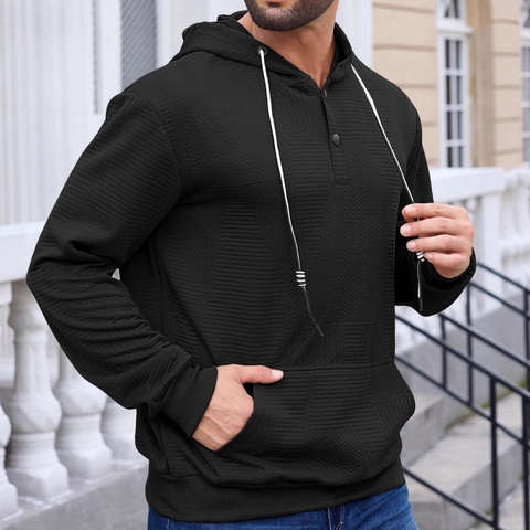 Men Hooded Sweatshirt Textured Jacquard Knit Button Placket Casual Loose Pullover Sporty Top