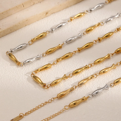 Collana E Bracciale Con Catena A Maglie Di Pesce Acciaio Inossidabile Placcato Oro 18K Gioielli Geometrici Minimalisti