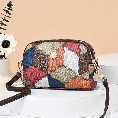 Women Crossbody Bag PU Leather Patchwork Double Zipper Shell Shape Fashion Versatile Shoulder Bag Vintage Urban Simple