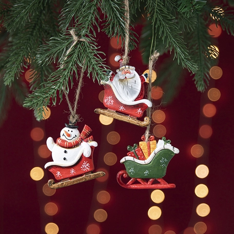 Christmas Sleigh Hanging Ornaments Retro Resin Santa Claus Snowman Gift Figurine Festive Tree Decoration Nordic Style