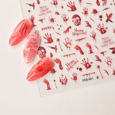 Halloween Nail Stickers 5D Embossed Bloody Blood Handprint Skull Horror Theme Self Adhesive Waterproof Decals Manicure