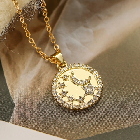 Vergulde Koperen Ronde Munt Hanger Ketting Voor Dames Met Zirkoon Ster Maan Bij Mode Gepersonaliseerde Sieraden