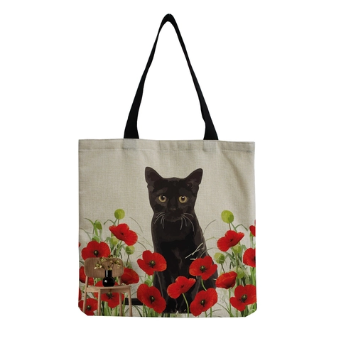 Lindo Gato de Dibujos Animados Impresión Bolsa de Compras de Lino Gran Capacidad Bolsa de Hombro Reutilizable Mujer