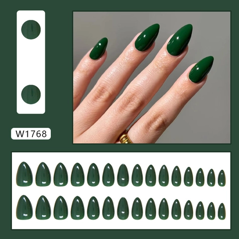 Press On Nails Dark Green Glossy Almond Shape Long Solid Color Simple Elegant False Nail For Women