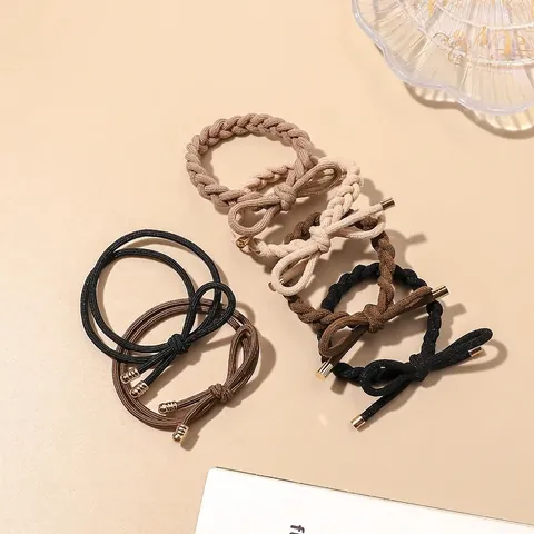 Minimalist Braided Hair Ties High Elasticity Fiber Ropes With Gold Tone Metal End Caps Bowknot Korean Style For Women