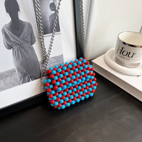 Handmade Acrylic Beaded Crossbody Bag Mini Square Purse With Metal Chain Strap For Women Candy Colors