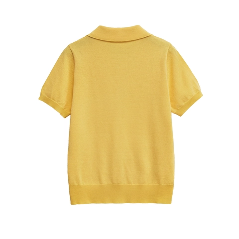 Polo de Punto para Mujer Casual Manga Corta Botones Solapa Corte Ajustado Color Sólido Amarillo Top de Punto Básico