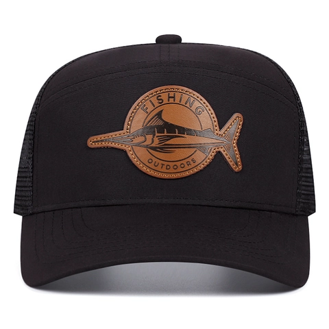 Cappello Trucker Baseball Rete Traspirante Cotone Toppa Pelle Pesca All Aperto Pesce Spada Marlin Sport Snapback