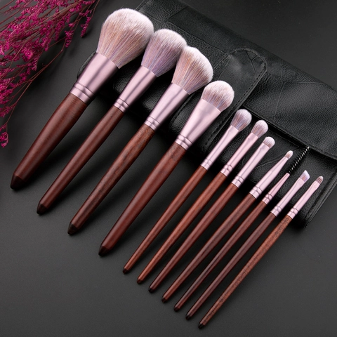 Set Di Pennelli Da Trucco Manico In Legno Di Rosa Setole In Fibra Sintetica Strumenti Di Bellezza Professionali Viso Occhi Portatile