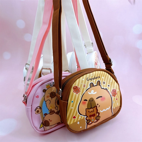 Kids Crossbody Bag PU Leather Waterproof Cartoon Capybara Double Sided Print Adjustable Strap Cute Shoulder Bag Girls