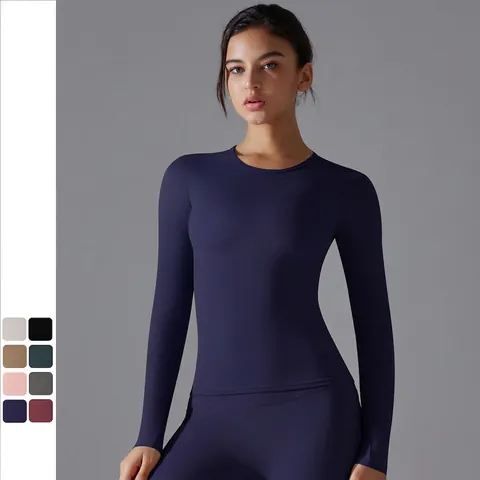 Lange Mouwen Yoga Top Voor Dames Slim Fit Effen Kleur Sportshirt Workout Nylon Spandex Ademend Fitness Hardlopen