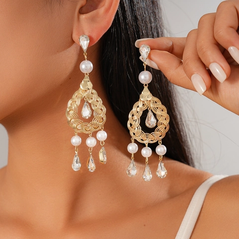 Pendientes Largos Colgantes Vintage Con Poste De Plata Cobre Perla Artificial De Imitación Diamante De Imitación Estilo Corte Para Mujeres