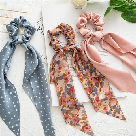Long Ribbon Scrunchies Fabric Chiffon Tail Elastic Hair Ties For Women Floral Polka Dot Solid Elegant Hair Accessories