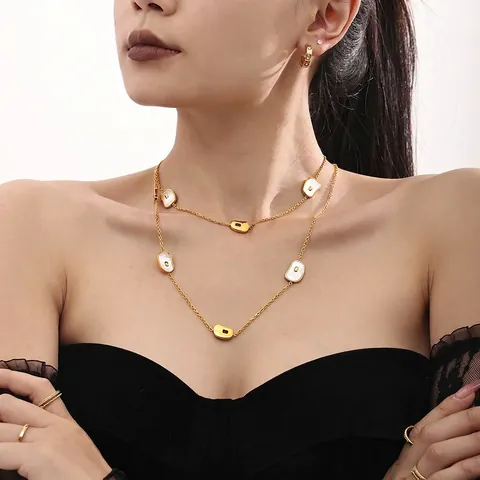 French Style Stainless Steel Long Necklace For Women Gold Silver Natural White Shell Pendant Layered Sweater Chain Jewelry