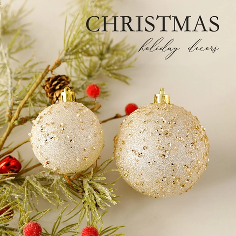 Champagne Gold Christmas Tree Decorations Glitter Plastic Baubles Tree Topper Star Ribbon Flowers Elegant Holiday Home Decor