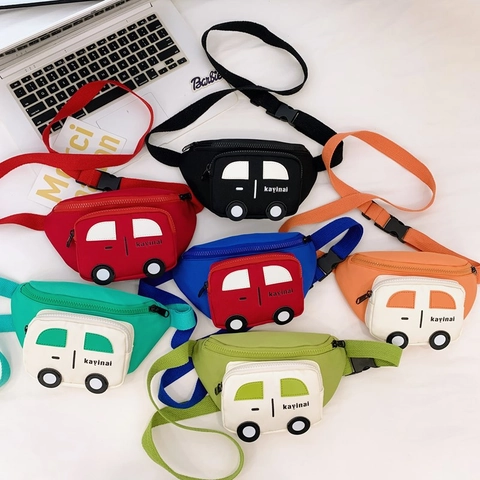Kids Cartoon Car Shape Waist Bag Nylon Adjustable Strap Chest Crossbody Pack Boys Girls Casual Sporty Letter Print