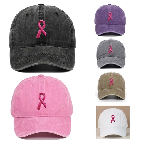 Casquette De Baseball En Coton Lavé Broderie Ruban Rose Chapeau De Soleil Ajustable Pour Hommes Et Femmes
