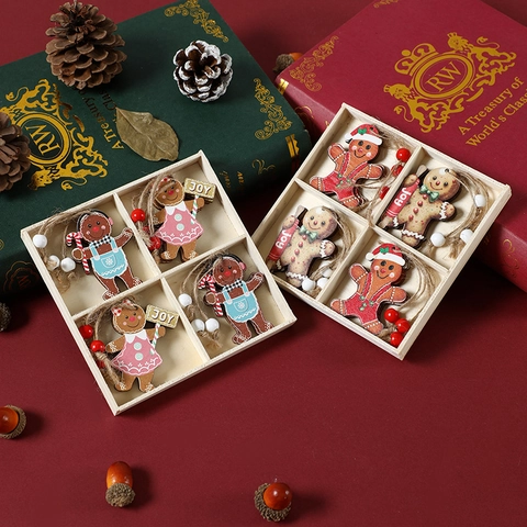 Christmas Wooden Hanging Pendants Gingerbread Man Gnomes Snowflake Festive Ornament Colorful Home Decor With Wooden Box