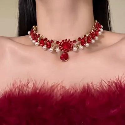 Collier Pendentif Goutte Deau Strass Rouge De Luxe Avec Künstliche Perle Artificielle Alliage Mariage Mariée Banquet Bijoux