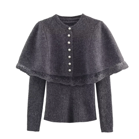 Damen Elegant Strickwaren Langarm Rundhalsausschnitt Pullover Und Spitzenbesatz Künstliche Perlenknöpfe Schal Cape Top