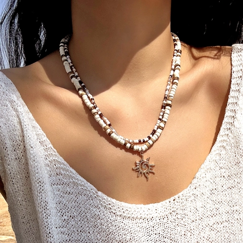 Double Layer Necklace Wood Seed Beads Alloy Sun Pendant Summer Beach Vacation Bohemian Style Women Niche Accessory