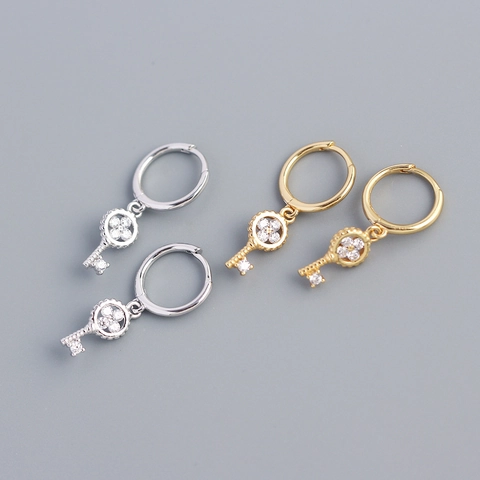 925 Sterling Silver Hoop Earrings With Zircon Inlaid Clover Key Pendant Korean Style Jewelry For Women