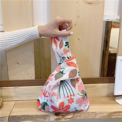 Japanischer Stil Handgelenktasche Knot Bag Baumwolle Leinwand Bedruckt Kleine Tragbare Handtasche Lässige Tasche