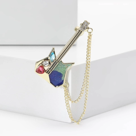 Broche De Guitarra Aleación Esmalte Rhinestone Con Cadena De Metal Joyería Instrumento Musical Para Hombres Mujeres