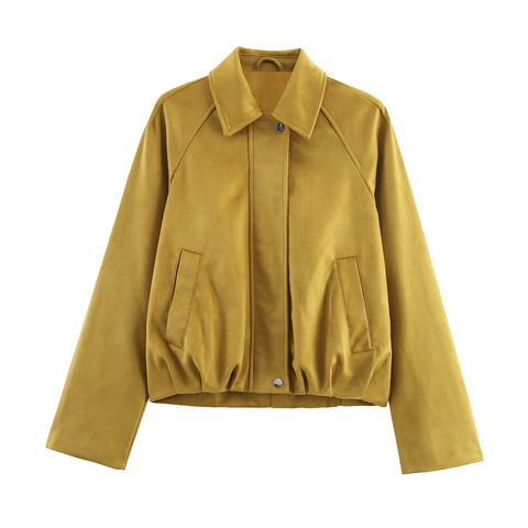 Women Faux Suede Bomber Jacket Zipper Lapel Loose Fit Casual Streetwear Outerwear Coat With Pockets For Spring