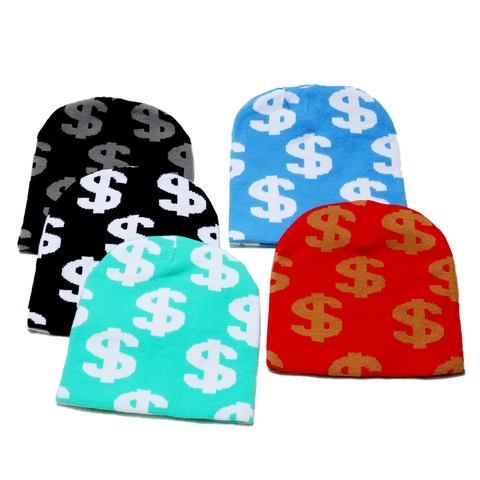 Beanie Hat Knit Acrylic Warm Winter Dollar Sign Pattern Hip Hop Streetwear Unisex Cold Weather Skull Cap