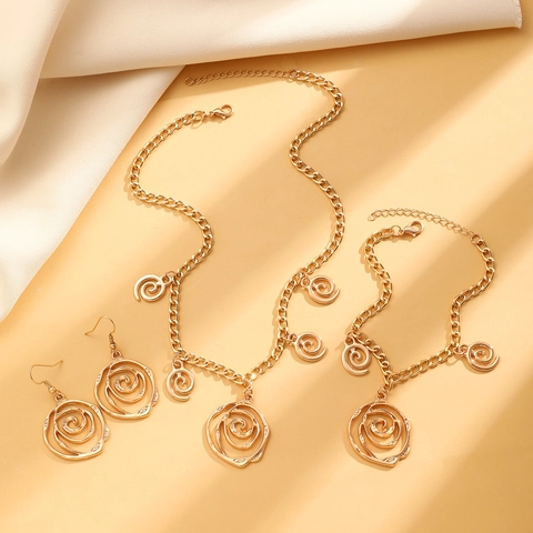 Exaggerated Spiral Rose Flower Jewelry Alloy Hollow Vortex Necklace Bracelet Earrings For Women High End Style