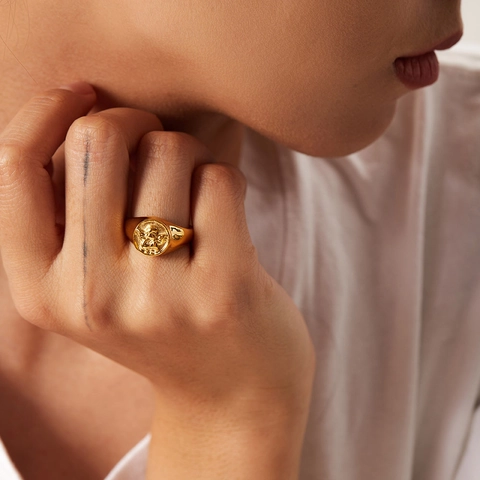 Anello Sigillo Angelo Vintage Placcato Oro 18K Acciaio Inossidabile Rilievo Cupido Gioielli Moda Per Donna