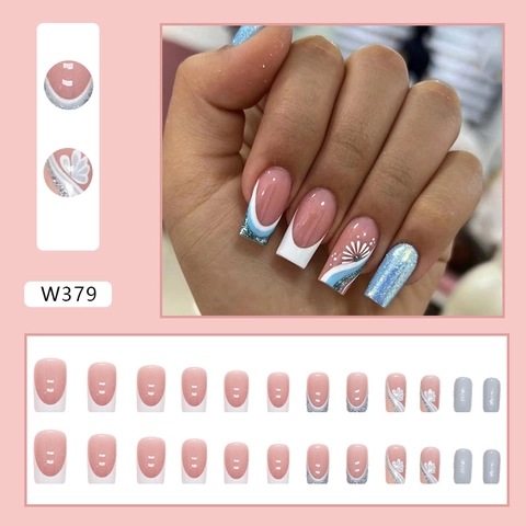 French Tip Press On Nails Long Coffin Shape Blue Glitter White Flower Design Elegant False Nails For Women