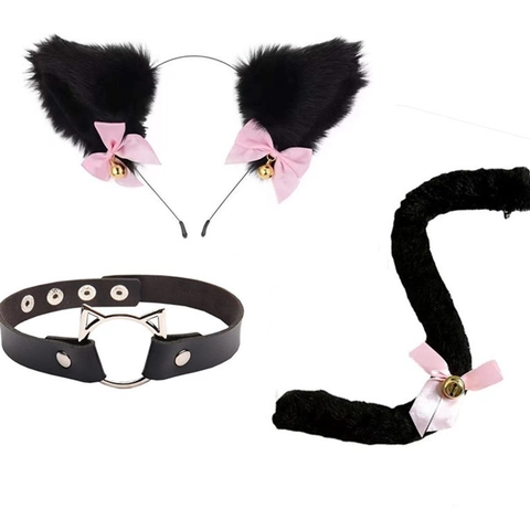 Cat Ear Headband And Choker And Plush Tail Costume Accessories For Halloween Party Gothic Lolita Faux Fur Lace Bell