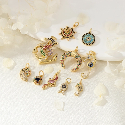 Copper Gold Plated Colorful Zirconia Marine Pendants Sun Moon Sea Horse Anchor Charms For DIY Jewelry Making Accessories