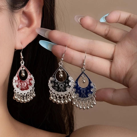 Ethnic Bohemian Teardrop Dangle Earrings With Alloy Enamel Hollow Out Bell Tassels And Iron Earring Post