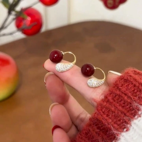 Pendientes De Gancho Con Perlas Artificiales Rojas Vintage Circonitas Bañado En Oro Gota De Agua Joyas Elegantes Para Mujer